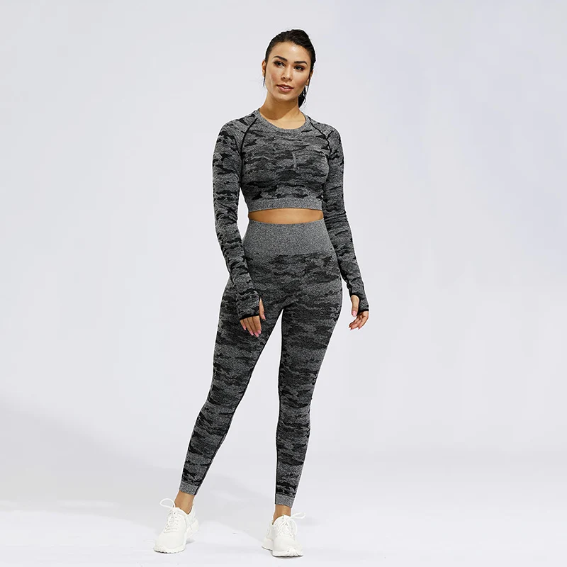 Najtaniej 2 sztuk Camo bez szwu joga zestaw odzieży sportowej kobiet Fitness odzież Booty siłownia legginsy + Crop Top z długim rękawem Sport garnitur ubrania do ćwiczeń