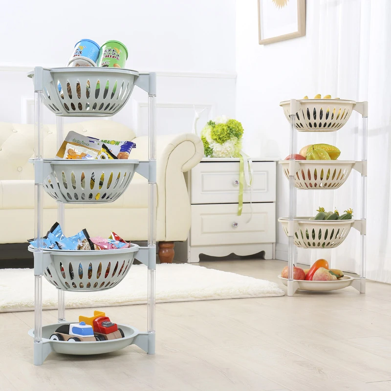 4 Layer Plastic Kitchen Shelf Storage Basket Fruit Snacks Vegetable Storage Basket Detachable Kitchen Floor Standing Rack