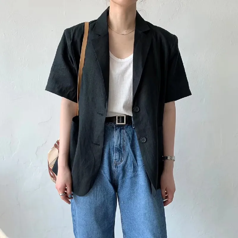 OL Suit Collar Women Blazer Cotton Linen Solid Single Breasted Jacket Minimalist Tops 2021 New Summer Short Sleeve Autumn Button | Женская