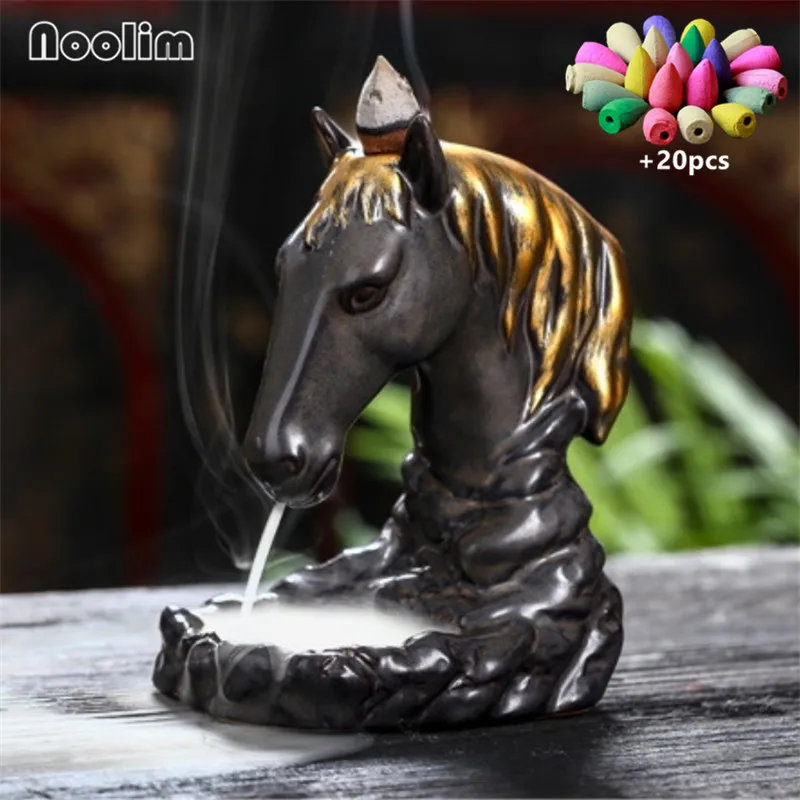 

Ceramic Golden Horse Backflow Incense Burner Holder Creative Horse Head Smoke Waterfall Censer Home Decor + 20pcs Free Cones