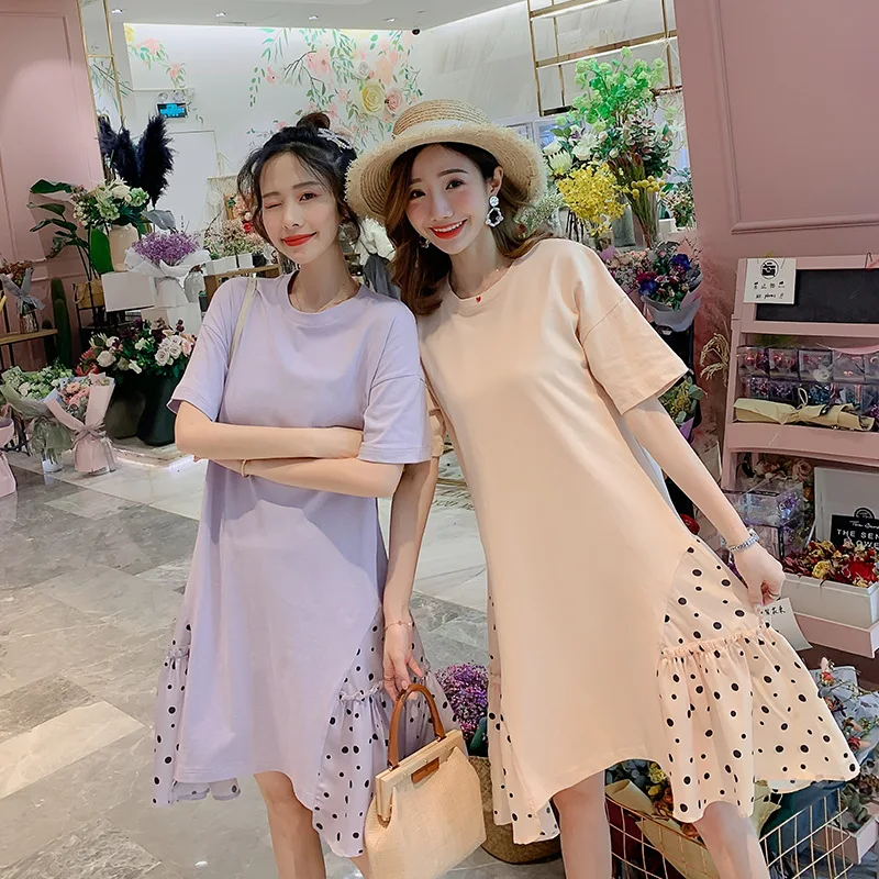 

Korean-style Fashion WOMEN'S Dress 2019 Summer Loose-Fit Slimming Joint Irregular Polka Dot Flounced Pregnant Women Dress