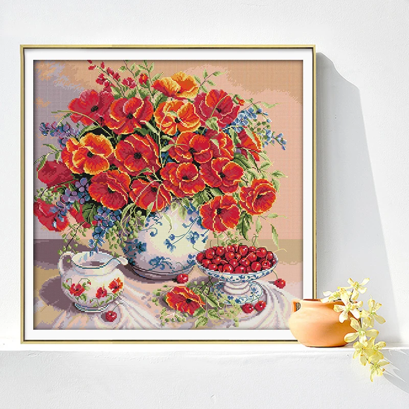 

Joy Sunday Poppies and cherries cross stitch kit pattern chinese embroidery counte needlework fabric print decorations for home