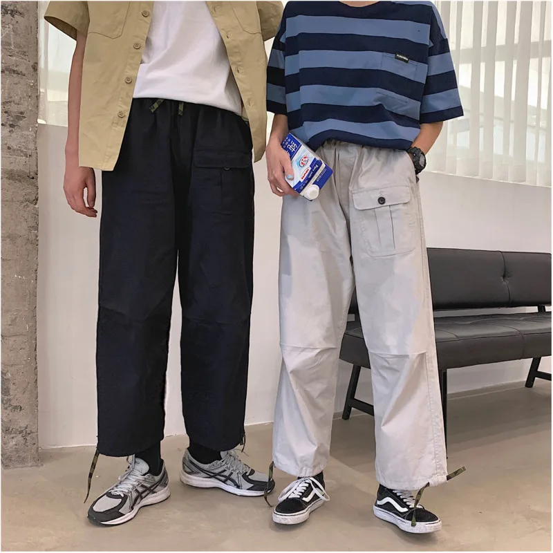 Spring And Summer New Korean Fashion Cotton Hip Hop Couple Handsome Solid Color Pocket Cute Dating Casual Trousers