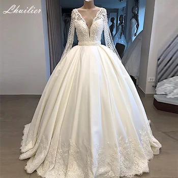 شراء فستان زفاف Lhuillier A-line مطرز بالخرز من الساتان 2020 طول الأرض وأكمام طويلة فستان زفاف مع حزام