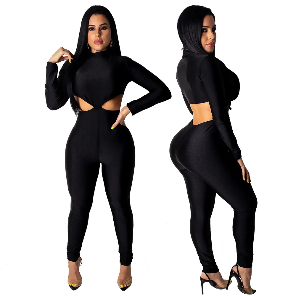 

QPFJQD Ladies Patchwork Long Sleeve Jumpsuits Hollow Out Sexy Women Slim Bodycon Jumpsuit One Piece Long Pants 2019 New Arrival