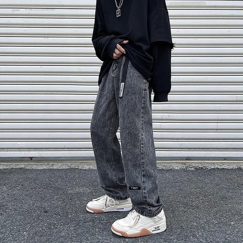 Vintage Men's Jeans Black Washed Straight Pants Korean Streetwear Clothes Fashion Casual Male Oversize Hip Hop Wide Leg Trousers 2