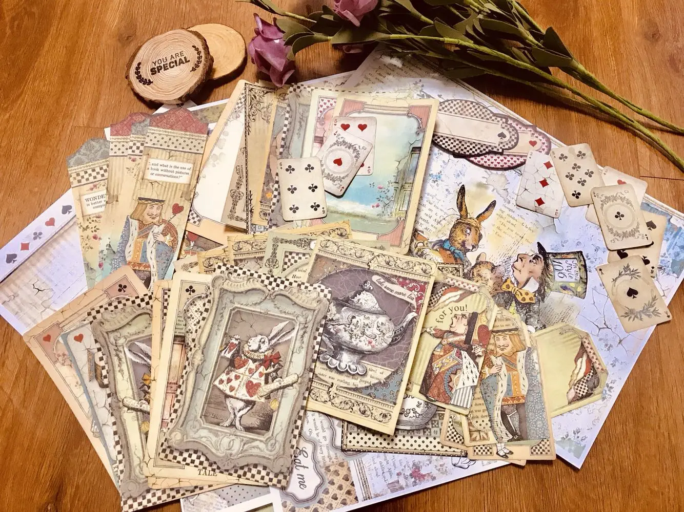

55pcs/lot Alice Tea party Retro Material Background Paper Fairy Tale Memo Notes Old Mini Poker Vintage Sticker DIY Scrapbooking