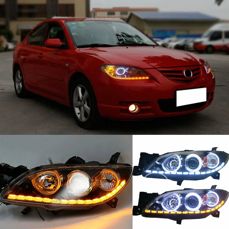 

Xenon Headlight Assembly LED DRL White Angel Eye Lens For Mazda 3 2004 2005 2006 2007 2008 2009 Sedan