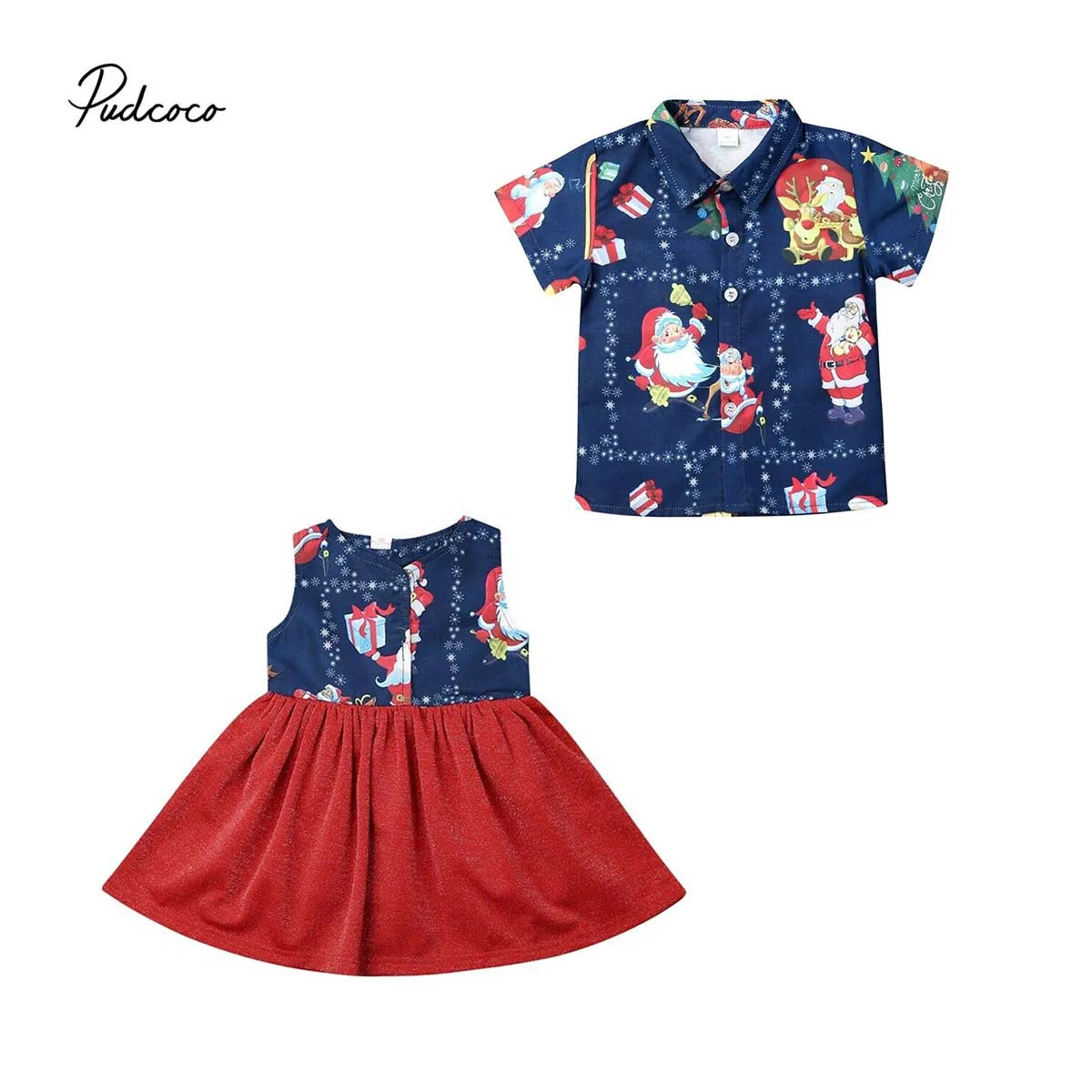 

2019 Brand Xmas Santa Printed Oufits Party Clothes Set Sister Brother Family Matching Boy Lapel Shirt Girl Floral Dress Summer