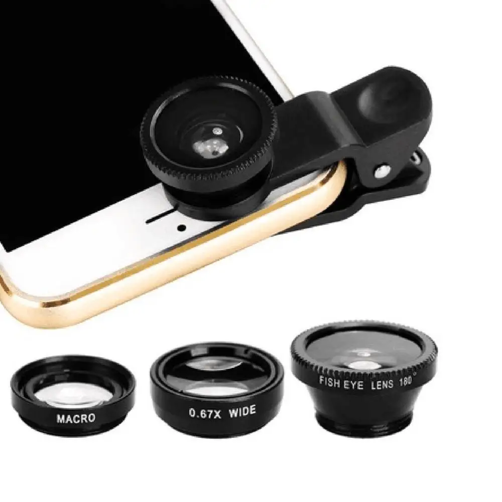 3-в-1 Широкий формат макро объектив «рыбий глаз» Камера Наборы мобильного телефона объектив «рыбий глаз» с зажимом 0.67x для iPhone samsung сотовые телефоны - Цвет: Black
