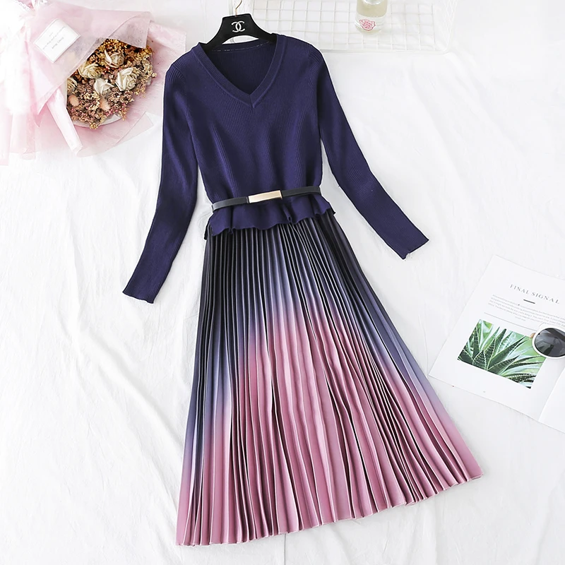 Autumn Winter Elegant Knitted Patchwork Gradient Pink Pleated Dress Women Long Sleeve Office One-Piece Sweater Dress With Belt