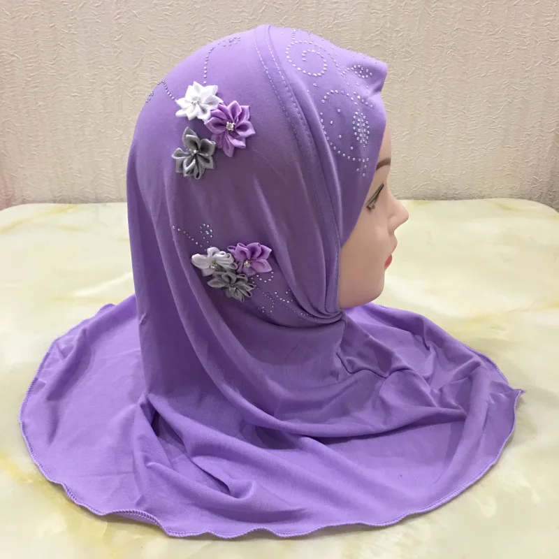 

Crystal Hemp One-Piece Muslim Hijab For Kids Pretty Six Fabric Floral Diamonds Instant Hijabs For 2-7years old Girls 50x48cm