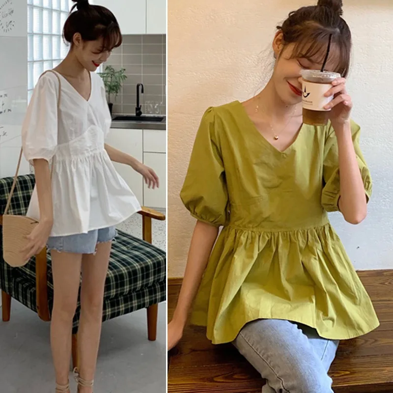 Short-Sleeved Shirt T-Shirt Female Summer Temperament Ruffled Solid Color V-Neck Loose Retro Backless Cute Comfortable Fashion