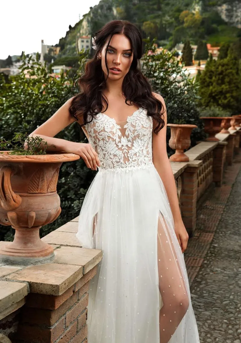 High Split Lace Appliques A Line Wedding Dresses Beach Summer Bridal Gowns Sexy Spaghetti Straps Open Back Boho Wedding Dress (2)