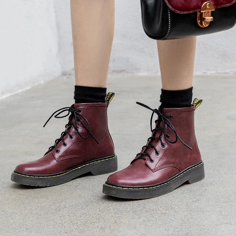 

2019 Women Boots Spring Autumn Lace Up Ankle Boots Comfortable Flat Heel Martin Boots Round Toe Winter Shoes Woman Black Gray