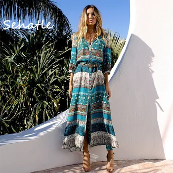 

Summer dresses 2020 new Sehatle midi bohemian boho dress casual beach V-neck sexy half sleeve print pleated clothing for women
