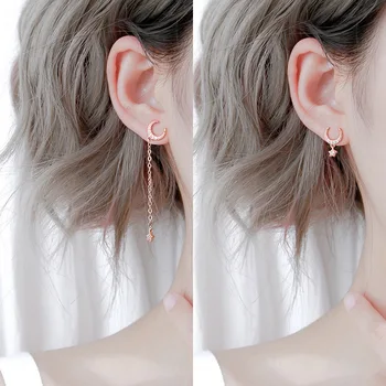 

LISM 925 Sterling Silver Korean Crystal Asymmetric Star Moon Long Pendant Drop Earrings For Romantic Dangle Earrings