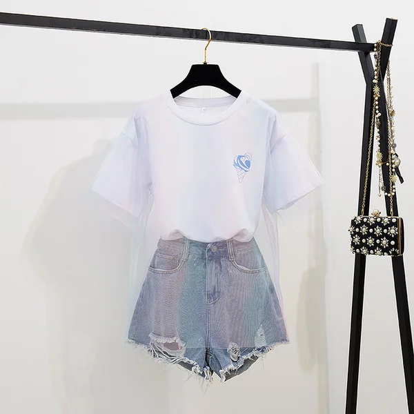 Блестящие сетчатые топы и шорты, комплект летней одежды женский комплект 2 шт. джинсовые шорты 2 предмета, свободная футболка комплекты из двух предметов корейский комплект