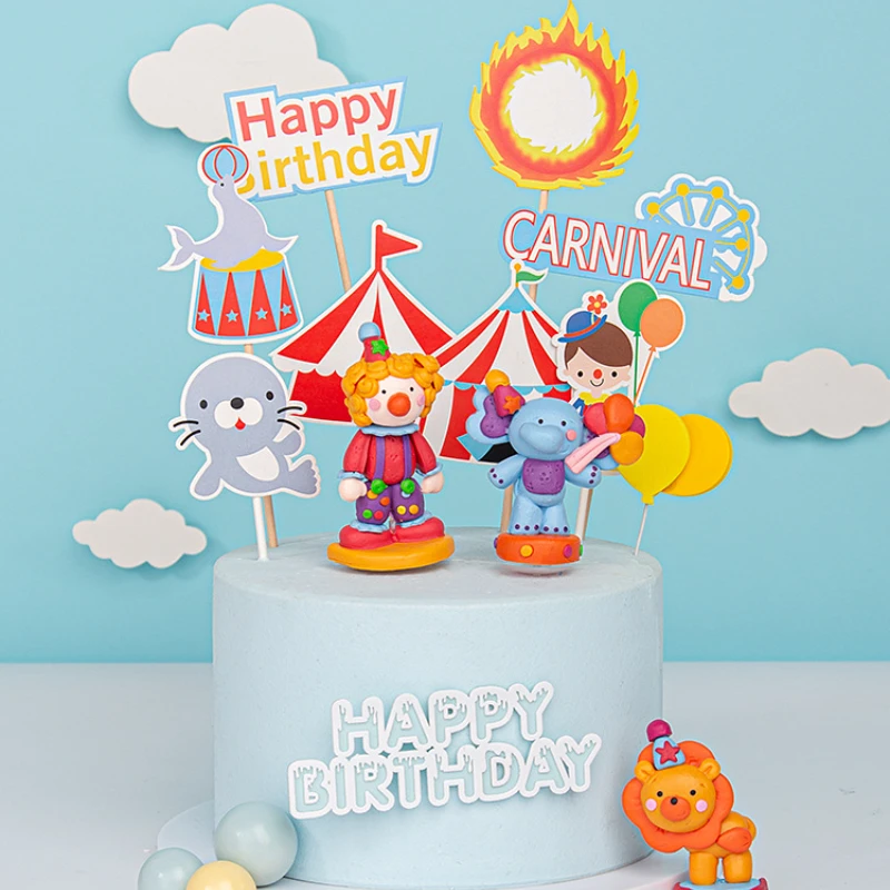 Cartoon Happy Birthday Cake Topper Circus Theme Elephant Fire Wheel Lion King Baby Shower Decorations Kids Party Favors Cake Decorating Supplies Aliexpress