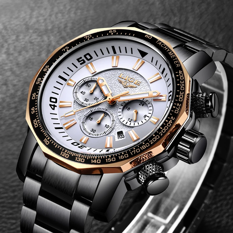 LIGE модные брендовые мужские часы с хронографом, полностью стальные бизнес кварцевые часы, военные спортивные водонепроницаемые часы, мужские часы