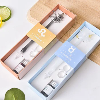 

1Set New Glass Drip Fountain Pen Delicate Unicorn Cute Vintage Dipping Signature Filling Ink With Box Lovers Valentines Gift