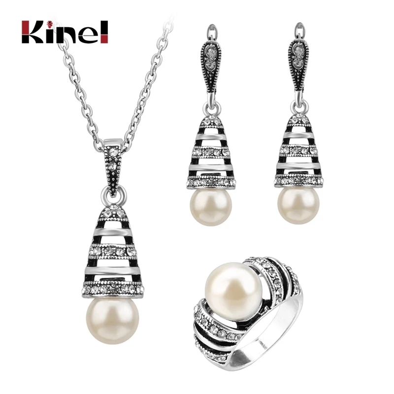 Комплект из колье серёг и кольца серебристого цвета|jewelry sets for women|pearl jewelry setwedding |