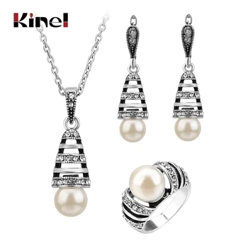 

3Pcs Silver Color Pearl Jewelry Sets For Women Hollow Out Water Drop Necklace Earrings And Ring Vintage Wedding Jewelry Set