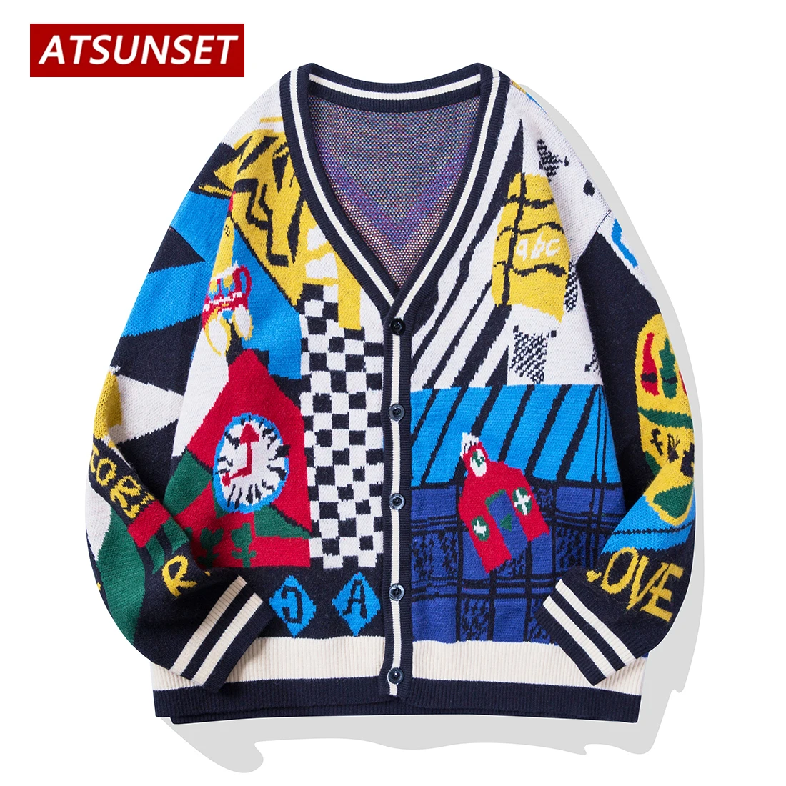 ATSUNSET Time Countdown Master Embroidery Sweater Harajuku Retro Style Knitted Sweater Autumn And Winter Cotton Button Cardigan real time 2023 autumn winter jeans women s retro blue pants casual new straight tube washed old drawstring loose wide legs