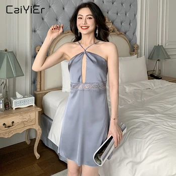 

Caiyirt 2020 Summer Grey Floral Hollowed Out Silk Nightdress Cross Off-the-shoulder Lingerie Dress Spaghetti Strap Sleeping Dres