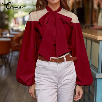 

S-5XL Celmia Women Chic Bow Tie Collar Blouse Long Lantern Sleeve Office Wear Female Shirt Elegant Lace Tops Casual Loose Blusas
