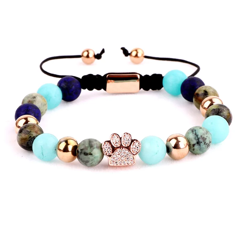 New Design Fashion Cubic Zirconia Paw Charm Natural Stone Beaded Friendship Bracelet Women - Image 2