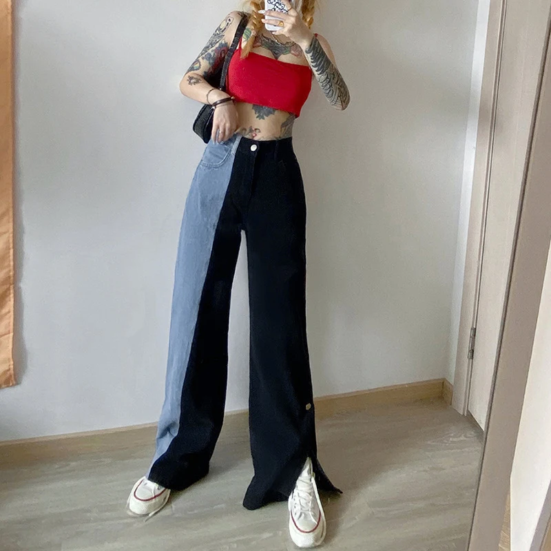 Contrast Stitch women jeans pants High Waist Denim Trousers Straight Tube Loose Streetwear Bf Jeans Female Blue Contrast Stitch women jeans pants High Waist Denim Trousers Straight Tube Loose Streetwear Bf Jeans Female Blue
