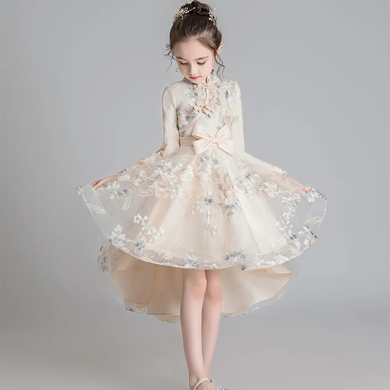Flower Embroidered Long Sleeve Autumn Winter Bow Lace Tutu Girl Princess Dress Costumes Clothes Show Evening Party Dress WG-1210