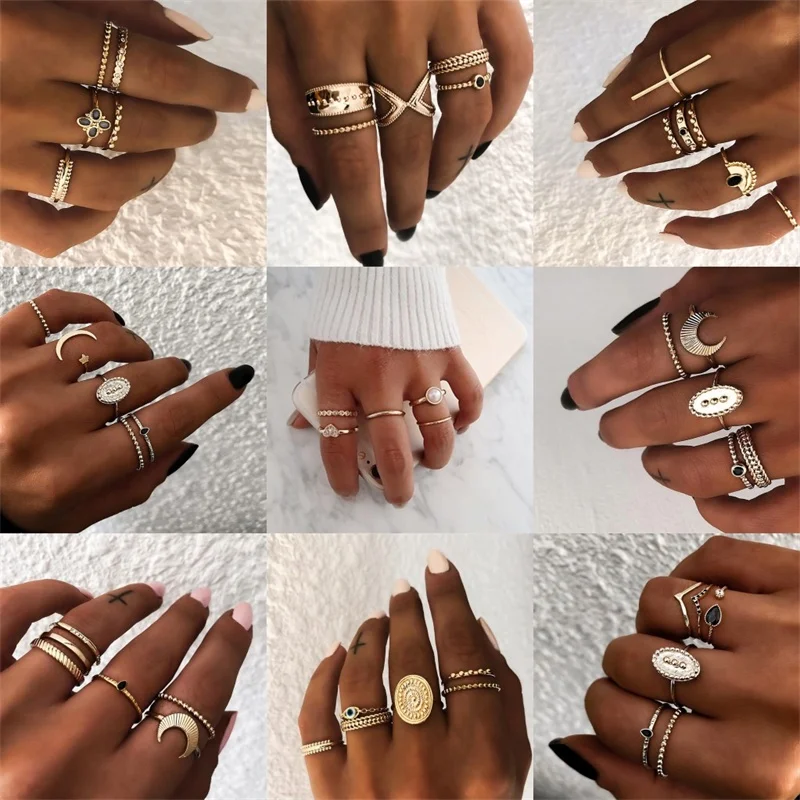 

FNIO 2019 Multi-piece Set Bohemia Women Rings Fashion Crystal Metal Moon Crown Party Jewely Ring Set For Women