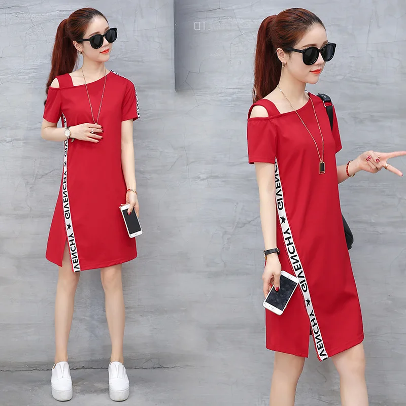 

Exposed Shoulder Dress Women's 2019 Summer Korean-style Fashion & Sports Skirt Mid-length dan li qun Fashion
