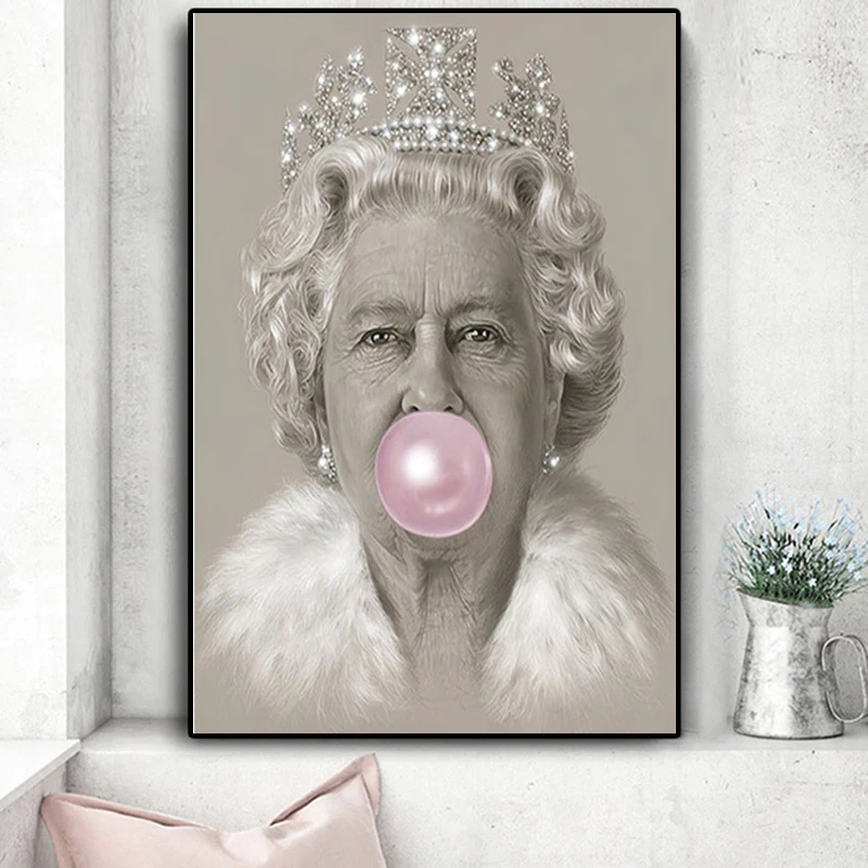 

Elizabeth II Portrait Canvas Painting Bubblegum Queen Posters and Print Cuadros Blowing Bubbles Wall Art Picture for Living Room