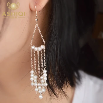 

ASHIQI Real 925 Sterling Silver Long Tassel Earrings for Women Natural Freshwater Pearl Jewelry Gift 2019