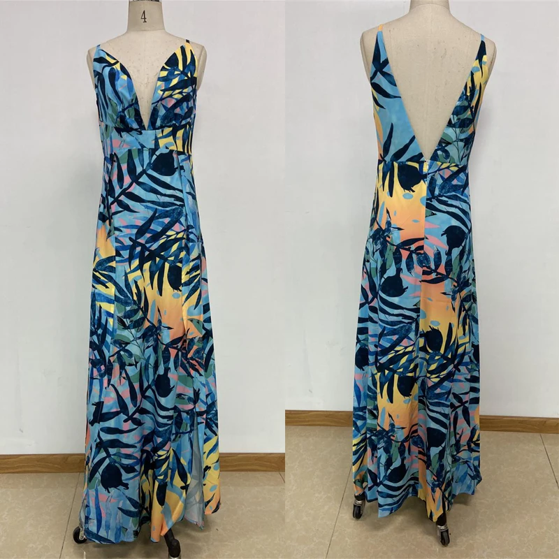 Bohemian Sexy Maxi Dress 2020 Womens Boho Sundress Sleeveless Split Dress Female Summer Floral Printed Long Dress Vestido