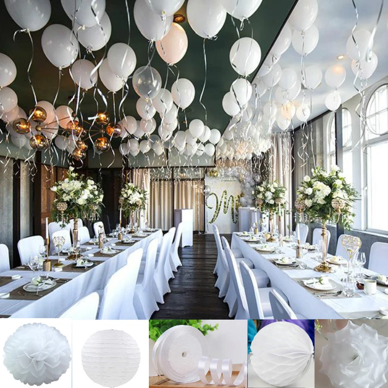 白のテーマ結婚式 Diy 装飾リボン 提灯 傘 バルーン人工バラアジサイの花ボール パーティー用自作デコレーション Aliexpress