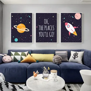 

Nordic Poster Space Theme Canvas Painting Cartoon Planet Little Stars Modern Wall Art Decorative Wall Pictures for Living Room