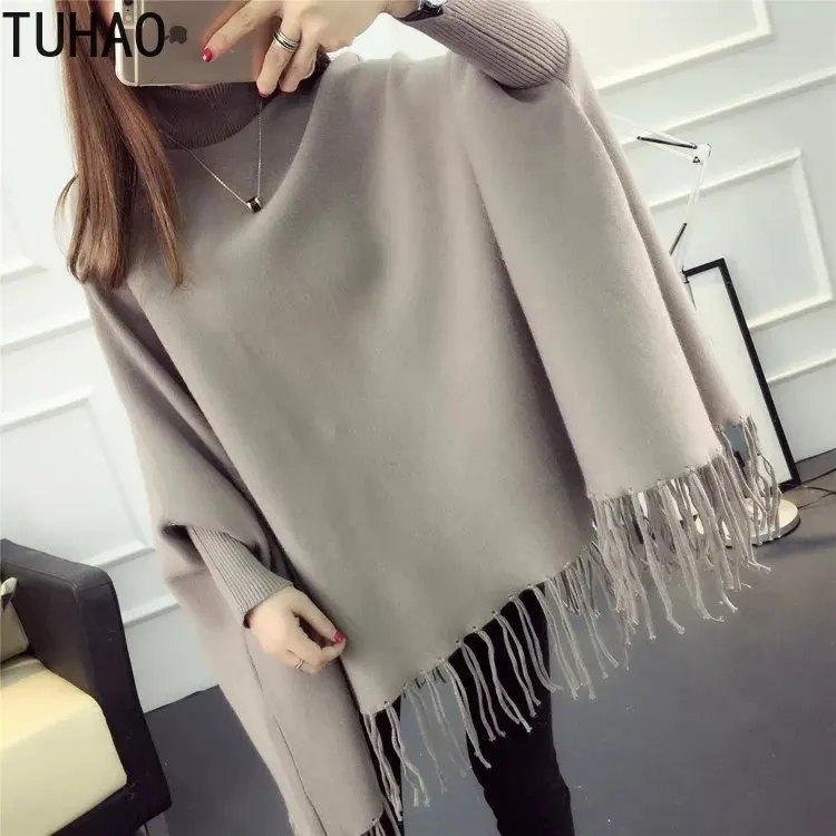 

TUHAO Women Knitted Shirts Pullovers Turtleneck Sweaters Fashion Autumn Femme Shirt Long Sleeves Tassel Solid Sweater HC23