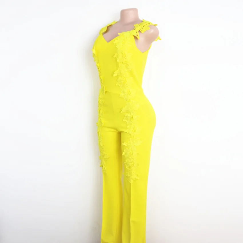 Women Summer Sexy Jumpsuits Yellow Overall Sleeveless Deep V Neck with Embroidery Slim Bodysuit Drop Shipping 2020 Plus Size XXL Women Summer Sexy Jumpsuits Yellow Overall Sleeveless Deep V Neck with Embroidery Slim Bodysuit Drop Shipping 2020 Plus Size XXL