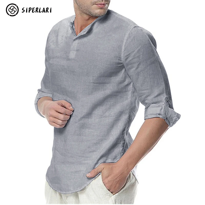 2022 New Mens Casual Blouse Cotton Linen Shirt Loose Tops Long Sleeve Tee Shirt Spring Autumn Summer Casual Handsome Men Shirt 4