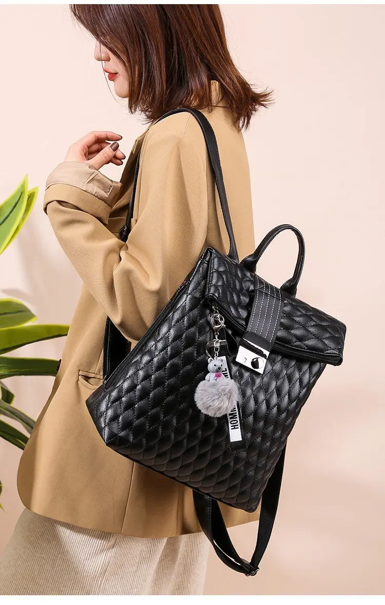 2019 Brand Designer Women's Quilted Leather Backpack Purse Ladies Fashion Leisure Rucksacks Anti Theft Backpacks with Lock Black (11)