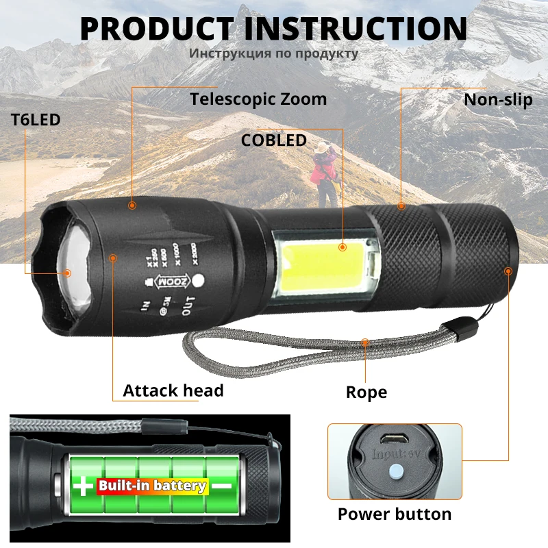 Светодиодный фонарик L2 4 в 1 с кабелем и режимами работы новинка 2020|zoomable light|zoom torchled