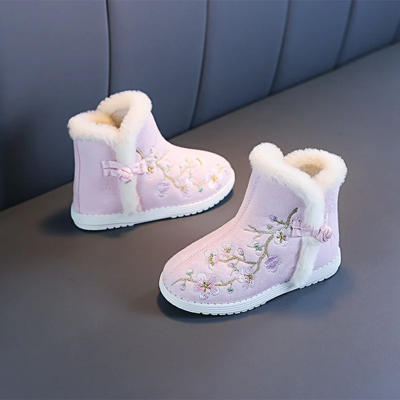 Winter Girls Boots Chinese Style Hand-embroidered Floral Cotton Shoes Children Warm Plush Snow Boots Winter Shoes Kids Boots Red