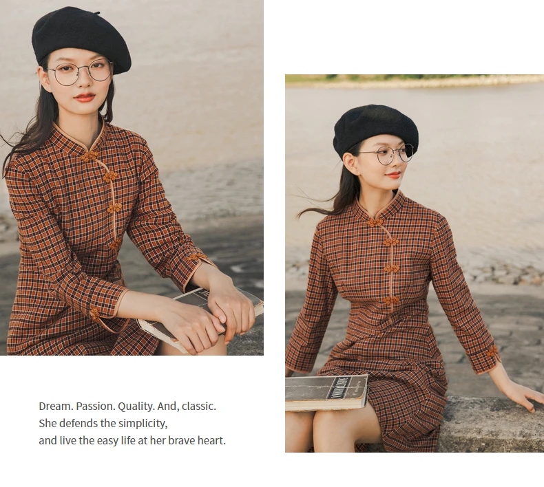 INMAN 2020 Autumn Winter New Arrival Plaid Dress Retro Cotton Buckle Collar Three-quarter Sleeve Dress
