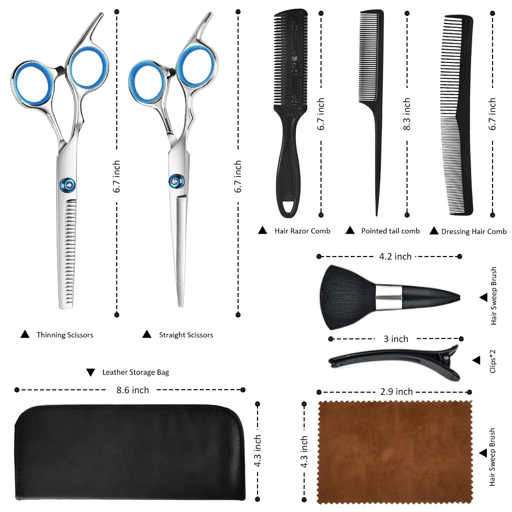 Tesoura de Corte de Cabelo Tesouras de Desbaste Pente de Navalha de Cabelo Conjunto de Cabeleireiros Kit de Tesouras de Cabeleireiro Profissional Conjunto Clipes Capa 8 tesouras de desbaste, pente de navalha de