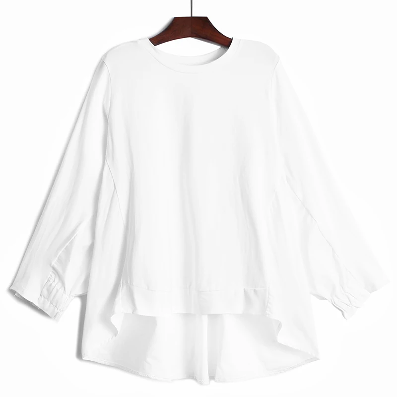 [EAM] Women Black Irregular Pleated Big Size T-shirt New Round Neck Long Sleeve  Fashion Tide  Spring Autumn 2020 1DA567
