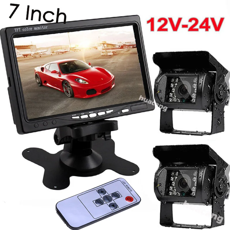 

Truck RV Trailers HD Reversing Rear View 12V-24V 7" TFT LCD Monitor +2x Vehicle 18LEDs Waterproof Night Vision Backup Camera